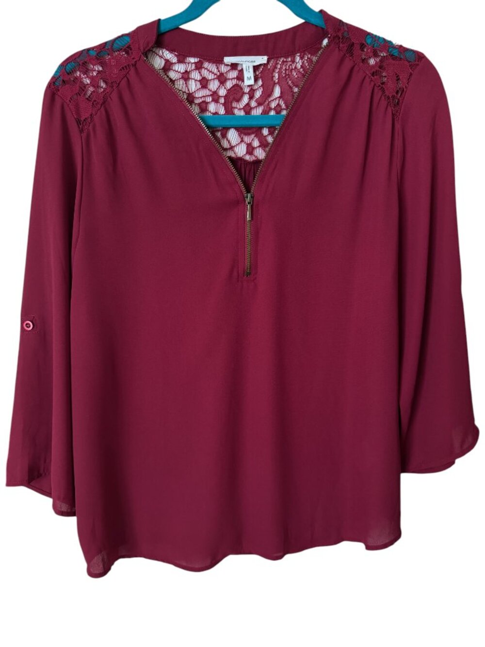Maurices Women's Cabernet Quarter Zip Blouse with Lace Detail Size Medium